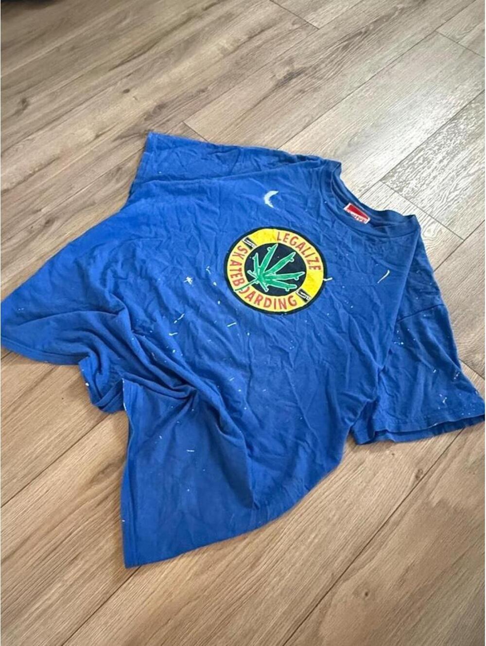 Vintage Blue Shortys Skate Tee With Paint Splatter